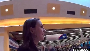 A pretty beauty is seduced in a shopping mall and fucked in the first person